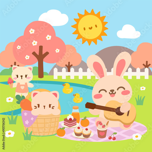 Cute Bunny and Friends Picnic by the Lake with Ducks. Kawaii Animal Friends Enjoying a Sunny Picnic. Adorable Bunny, Cat, and Duck Picnic in the Park.