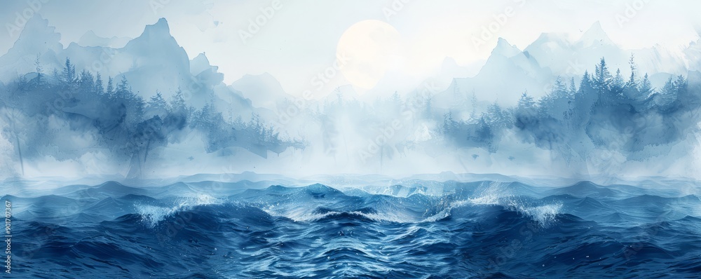 Abstract moonlit ocean in watercolor on white. Abstract moonlit ocean in watercolor on white.