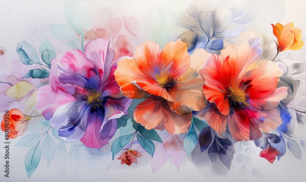 Fototapeta premium Abstract flowers in bloom in watercolor on a white canvas.