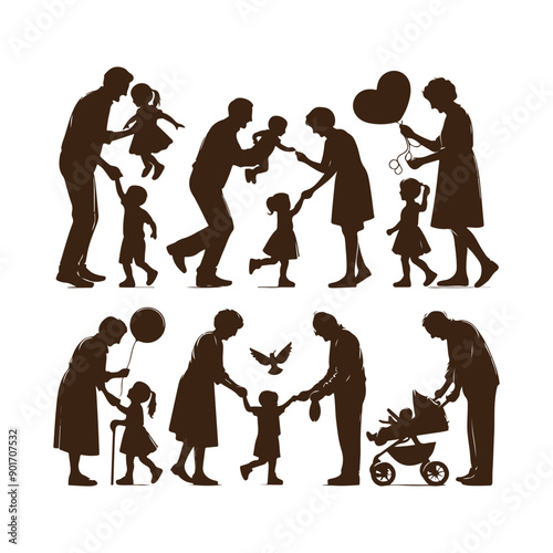 "Heartwarming Silhouette Vector Illustration of Grandchildren Playing with Grandparents"