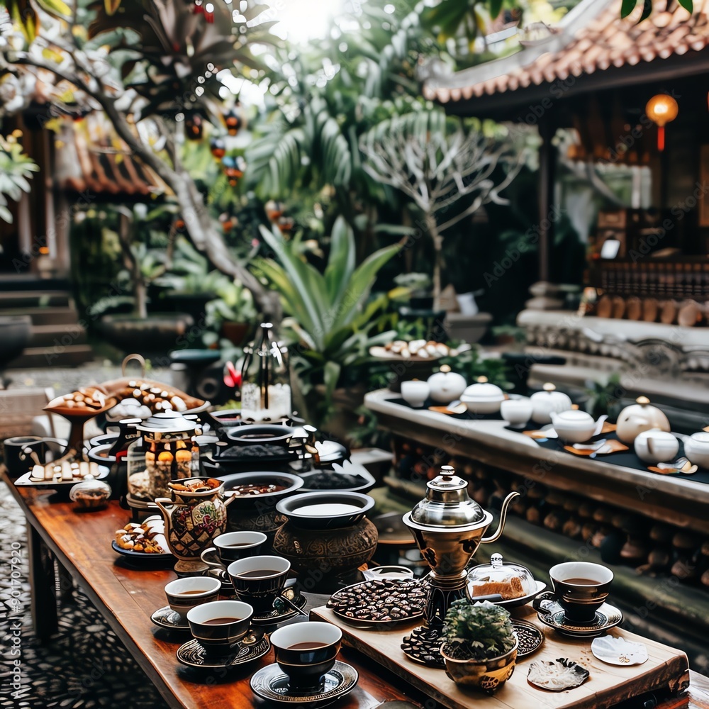 Fototapeta premium Traditional coffee ceremony setup in a garden, Coffee garden, Cultural heritage