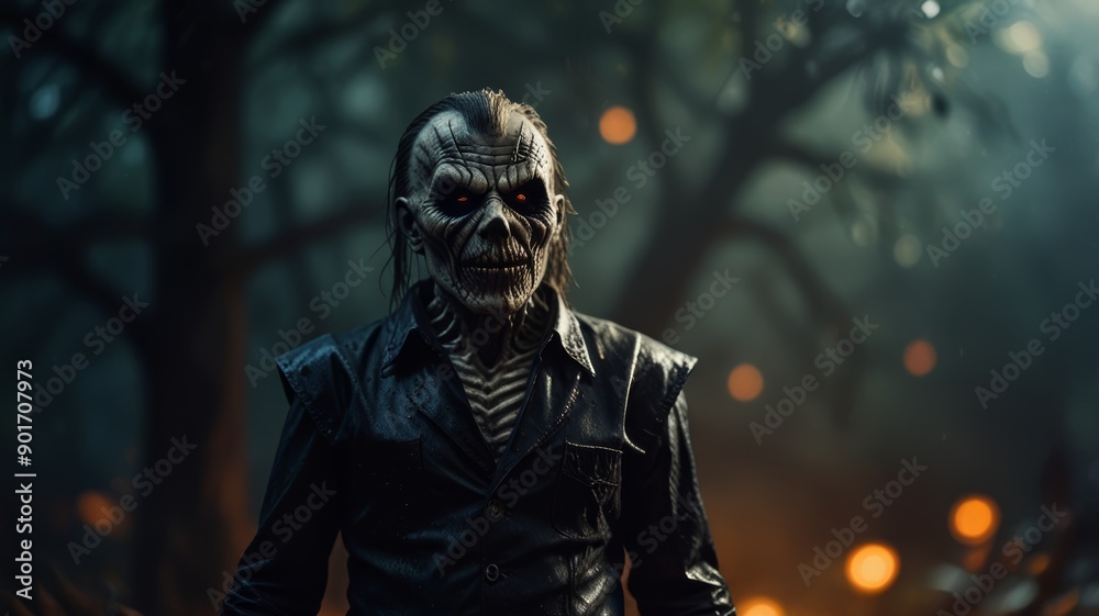 A scary figure in a Halloween setting wanders in the fog among graves and pumpkins in an old cemetery
