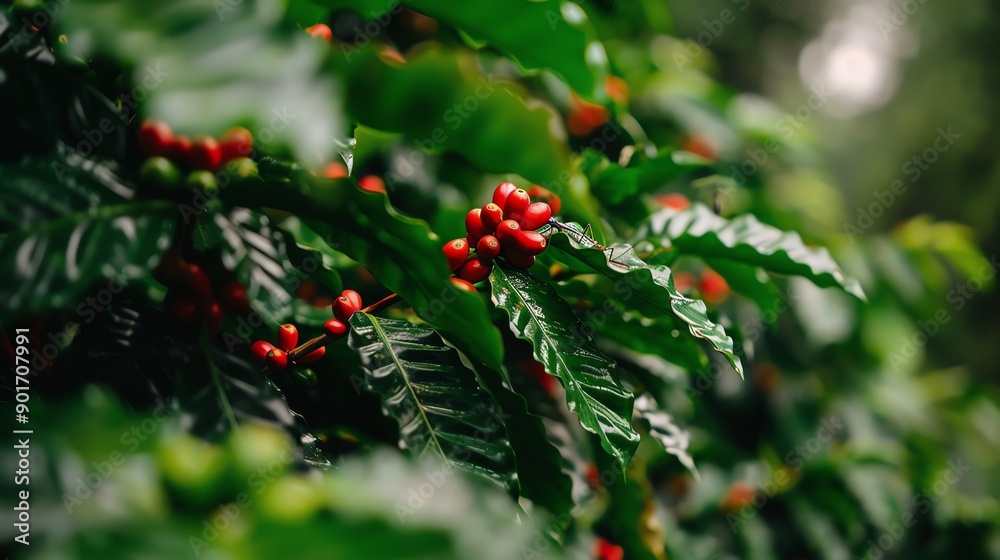 Obraz premium Vibrant ecosystem around coffee plants with insects and birds, Coffee garden, Biodiversity