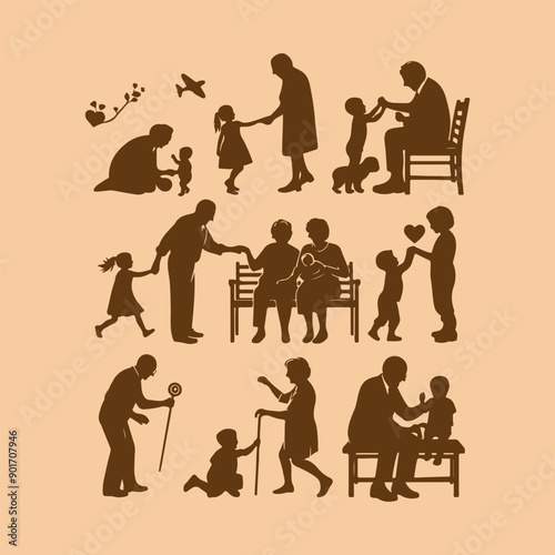 "Heartwarming Silhouette Vector Illustration of Grandchildren Playing with Grandparents"