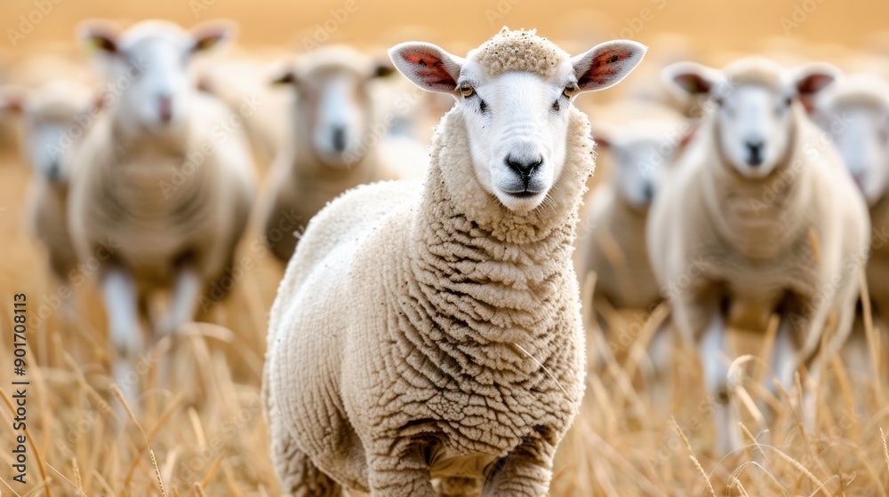 Fototapeta premium A sheep with a white face stands in a field with other sheep. The sheep is the center of attention and he is looking at the camera
