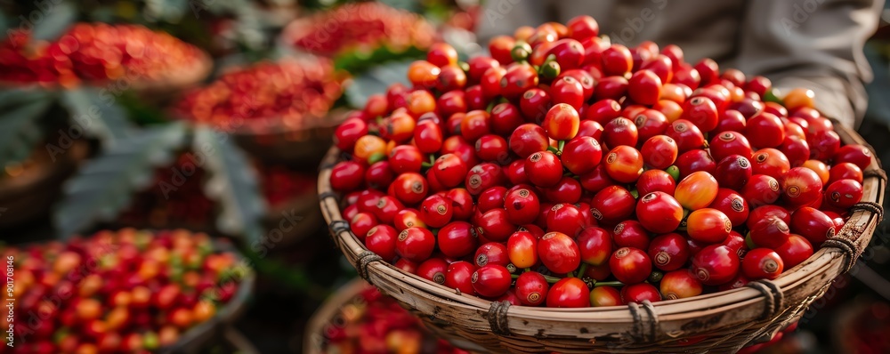 Worker carrying a basket of coffee cherries, Coffee harvest, Daily farm life Worker carrying a basket of coffee cherries, Coffee harvest, Daily farm life