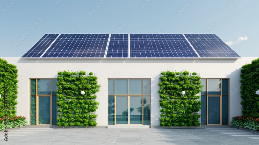 Fototapeta premium A modern school with solar panels on the roof, green walls, and energy-efficient lighting, with copy space, high-resolution photo, hyper realistic