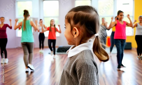 Medium shot portrait video of a pleased child female that is wearing a chic cardigan against an energetic zumba class with participants dancing background