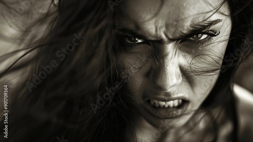 Close-up B&W photo of a woman with intense expression, mouth open, hair blowing. Background nondescript, highlighting her features and emotion.