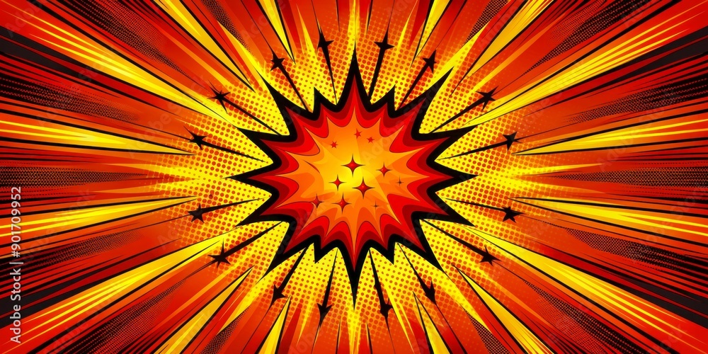 Fiery red and yellow background with bold black lines, bursts, and ...