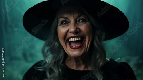 The Wickedly Joyful Witch of the Emerald Woods: An enchanting sorceress revels in mischievous delight, her cackle echoing through a mystical forest, perfect for Halloween or fantasy projects. 