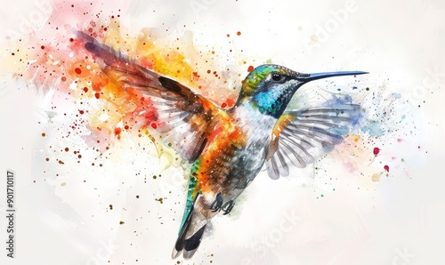 Abstract hummingbird in flight in watercolor on a white backdrop.