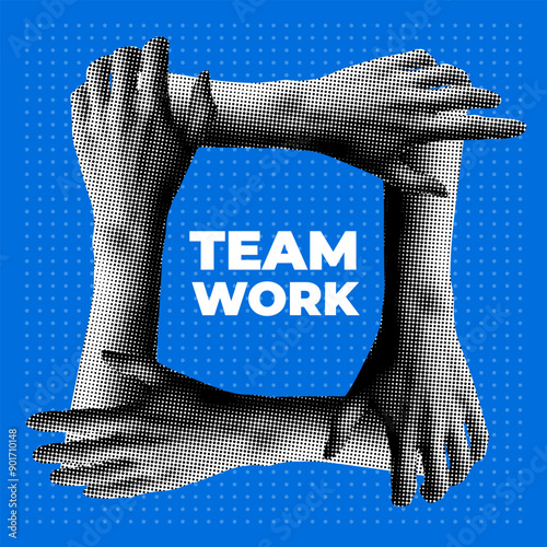 Modern collage with halftone hands. Teamwork, unity, partnership concept. People support each other. Ring of people hands. Working together. Friendship and cooperation concept. Team connection