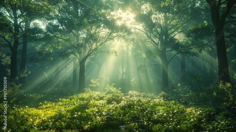Fototapeta premium Sunlight Streaming Through Dense Forest Canopy Illuminating Lush Green Underbrush at Dusk. Generative AI