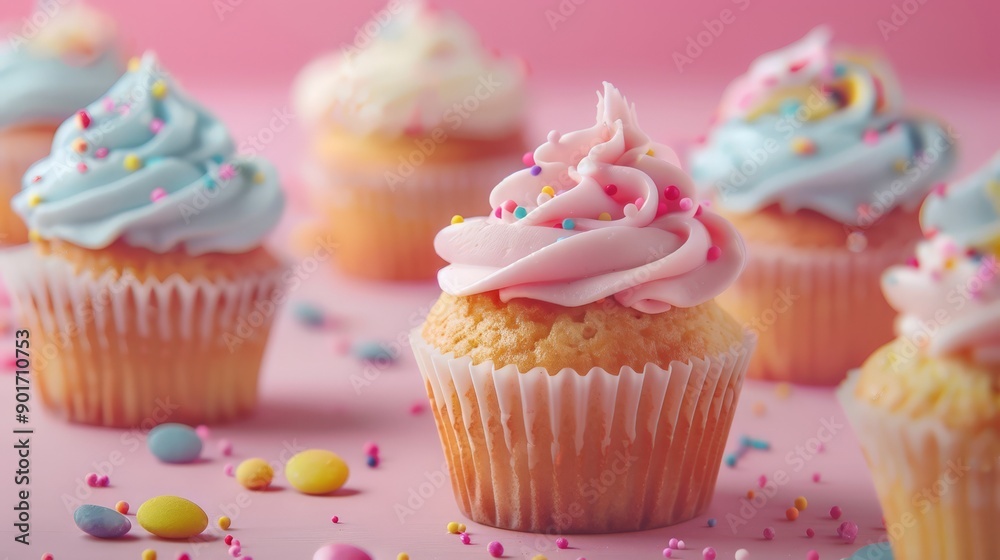 Several cupcakes muffin with icing on a pastel background.
Several cupcakes muffin with icing on a pastel background.