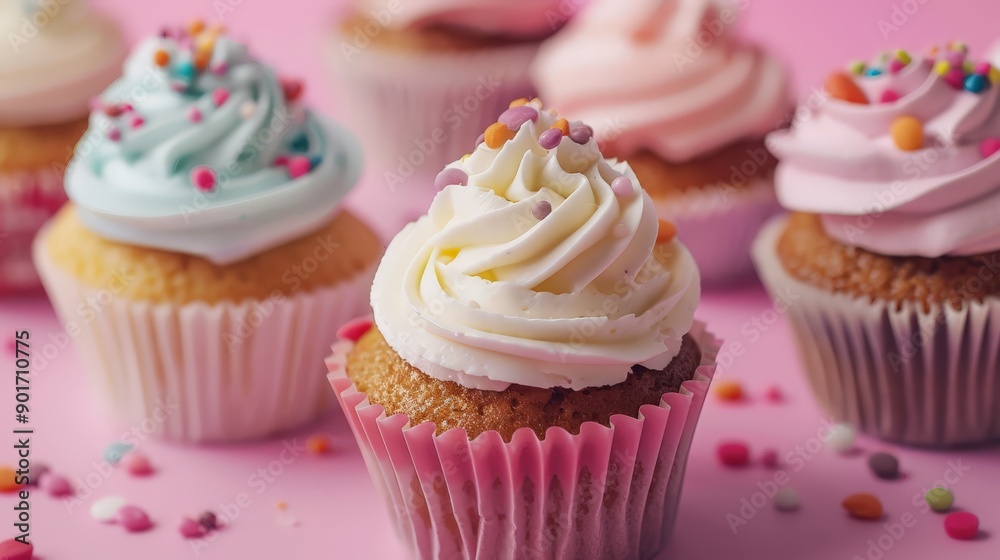 Several cupcakes muffin with icing on a pastel background.
Several cupcakes muffin with icing on a pastel background.