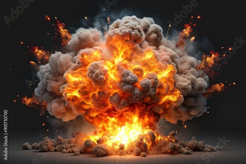 Dramatic realistic explosion with flames, smoke, and debris erupting in mid-air on a transparent background, ideal for action-packed designs and futuristic visuals.