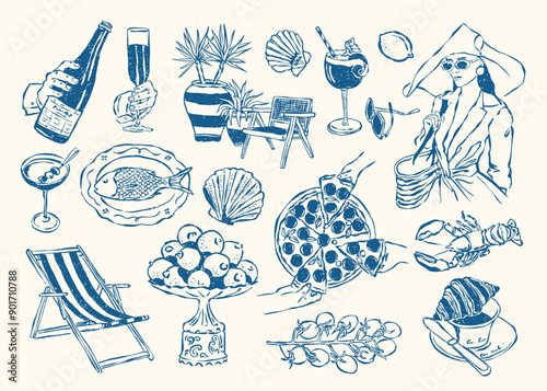 Minimalist Dolce Vita vector illustration collection. Art for greeting cards, wedding invitations, poster design, postcards, branding, logo design, background. Matisse style.	