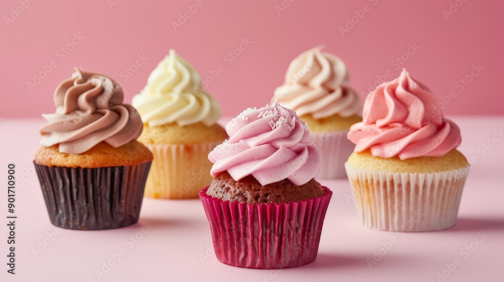 Several cupcakes muffin with icing on a pastel background.
Several cupcakes muffin with icing on a pastel background.