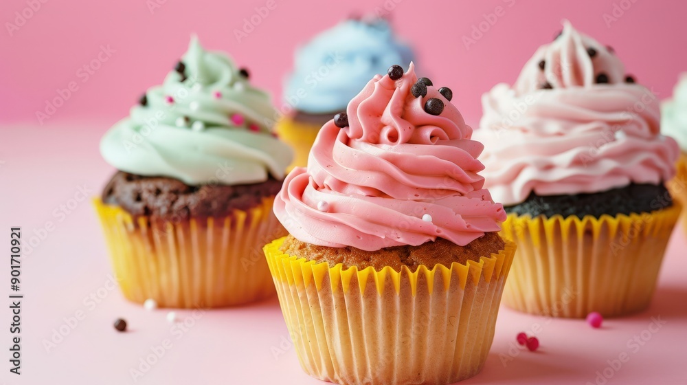 Several cupcakes muffin with icing on a pastel background.
Several cupcakes muffin with icing on a pastel background.