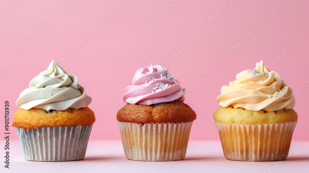 Several cupcakes muffin with icing on a pastel background.
Several cupcakes muffin with icing on a pastel background.