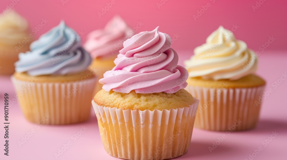 Several cupcakes muffin with icing on a pastel background.
Several cupcakes muffin with icing on a pastel background.