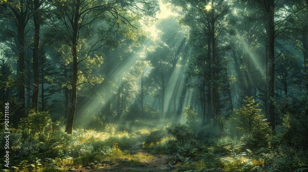 Sunlight Streaming Through Dense Forest Canopy During Early Morning Hours in Serene Wilderness. Generative AI Sunlight Streaming Through Dense Forest Canopy During Early Morning Hours in Serene Wilderness. Generative AI