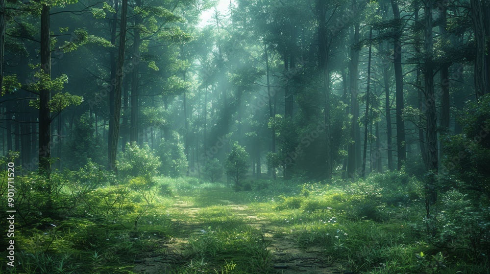 Naklejka premium Serene Forest Clearing Bathed in Soft Morning Light Surrounded by Lush Greenery. Generative AI