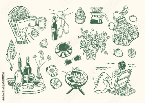 Minimalist Dolce Vita vector illustration collection. Art for greeting cards, wedding invitations, poster design, postcards, branding, logo design, background. Matisse style.	