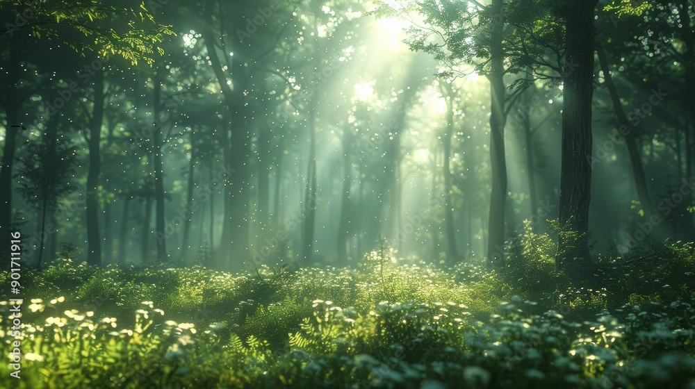 Fototapeta premium Sunlight Filters Through Lush Green Forest Creating A Magical Atmosphere In The Early Morning. Generative AI