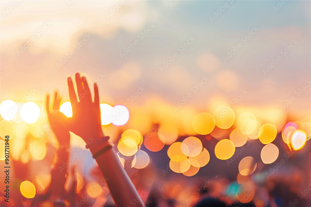 Obraz premium Crowd is raising their hands and cheering during a concert with beautiful bokeh stage lights in the background at sunset. Blurred background. Copy space
