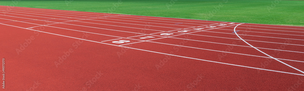 Fototapeta premium Track and field lanes and numbers. Running lanes at a track and field athletic center. Horizontal sport theme poster, greeting cards, headers, website and app
