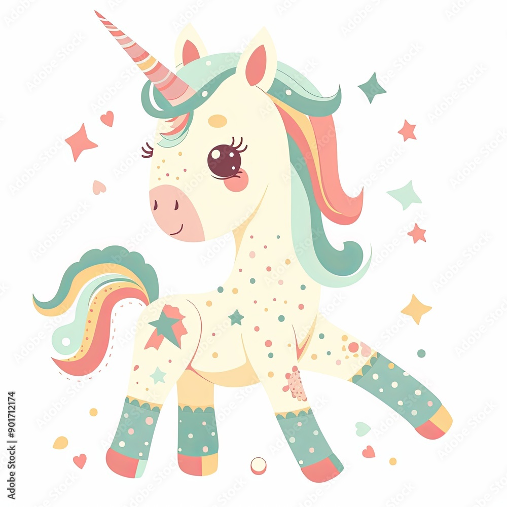 A cute unicorn with a rainbow mane and a white body A cute unicorn with a rainbow mane and a white body
