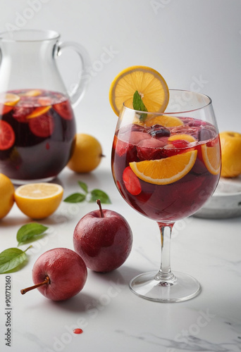 Minimal photorealistic of Sangria , vivid colors, flat white background, no shadows