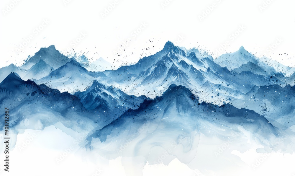 Abstract snow-capped mountains in watercolor on white.