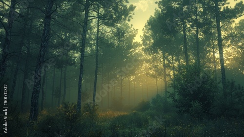 Misty Sunrise Illuminates Lush Green Pine Forest in Early Morning Light. Generative AI