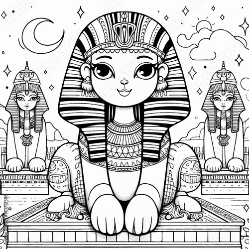cute female sphinx Egyptian culture style coloring page for kids
