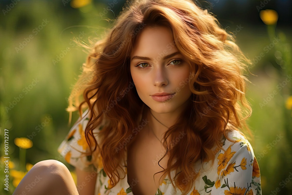 A serene portrait of a woman with wavy hair, surrounded by a lush green field, radiating natural beauty and confidence. A serene portrait of a woman with wavy hair, surrounded by a lush green field, radiating natural beauty and confidence.