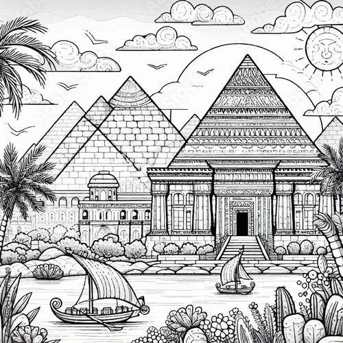 Egyptian culture style coloring page for kids with pyramids