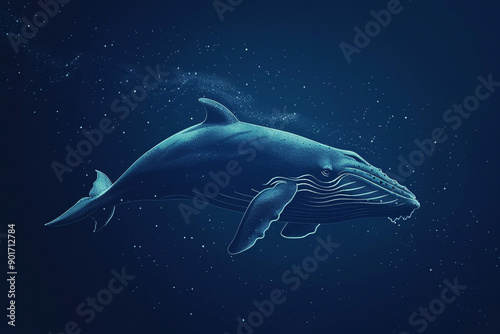 Simple minimal tech illustration of a blue whale in the deep sea, depicting the serene and majestic nature of marine life. Suitable for environmental conservation campaigns or educational... © ELmidoi-AI