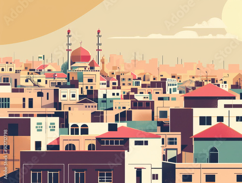 Risograph artsy riso print travel poster, card, wallpaper or banner illustration, modern, isolated, clear, simple of Suleimaniyah, Iraq. Artistic, screen printing, stencil © Goodwave Studio