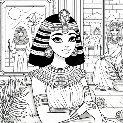 Egyptian culture style coloring page for kids of beautiful Cleopatra