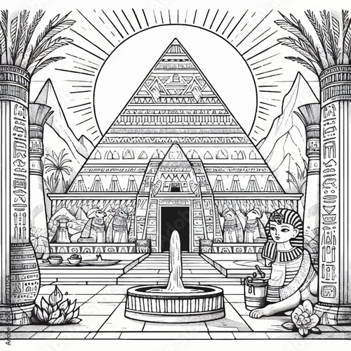Egyptian culture style coloring page for kids of Ancient Egyptian tomb with fountain 