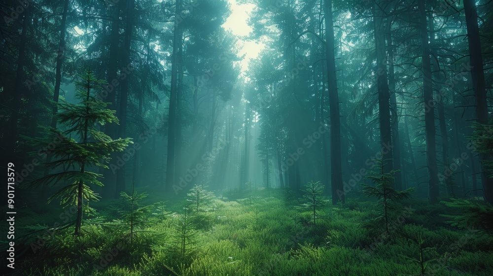 Obraz premium Serene Sunlight Filtering Through Dense Evergreen Forest During Early Morning Hours. Generative AI