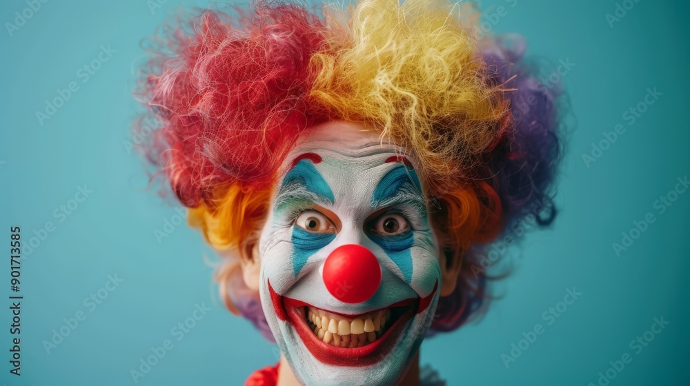 A smiling clown with a red nose and a multicolored wig on a uniform background. A smiling clown with a red nose and a multicolored wig on a uniform background.