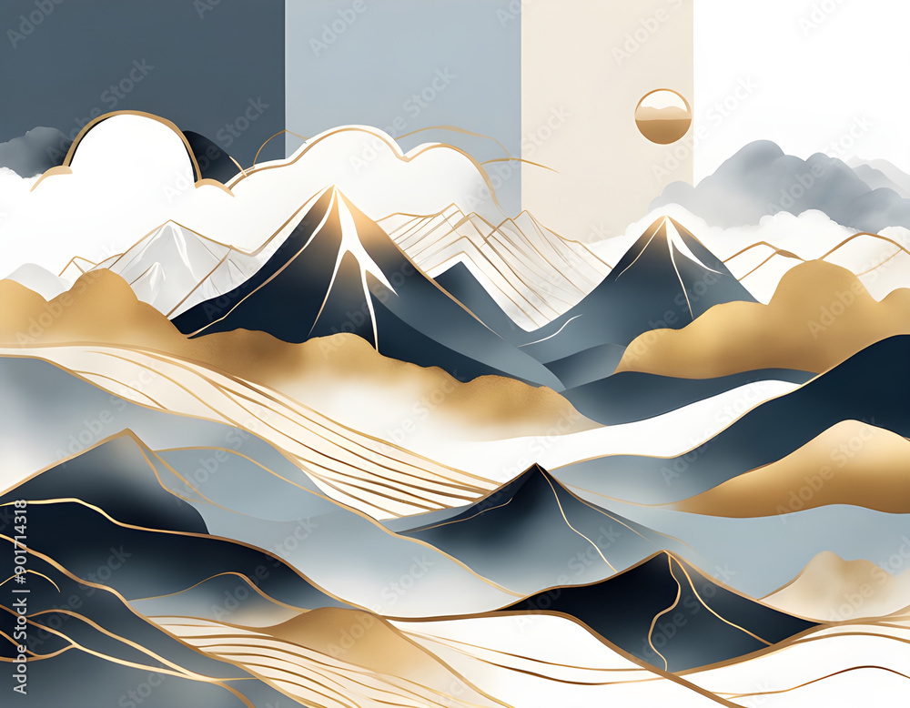 Elegant abstract line art on white background. Luxury hand drawn mountain with golden texture and gold wavy line background Elegant abstract line art on white background. Luxury hand drawn mountain with golden texture and gold wavy line background