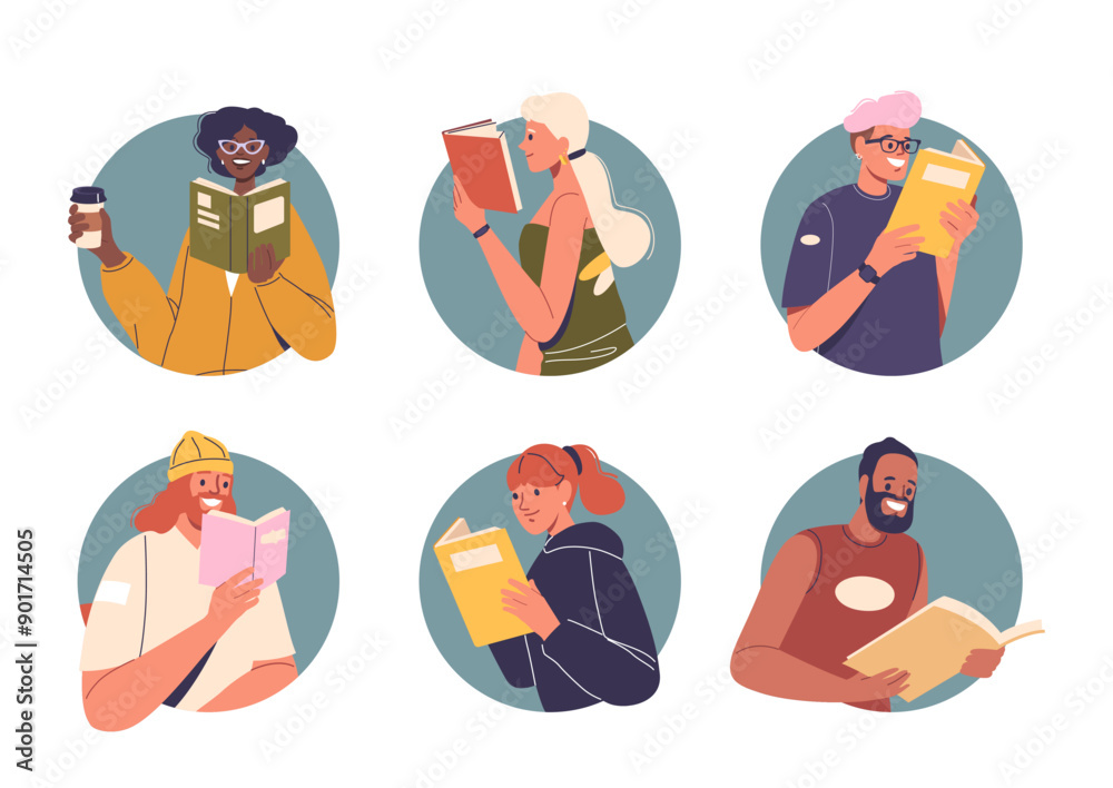 Isolated Vector Round Icons Or Avatars Of Cartoon Characters Enjoying Reading. People Engrossed In A Book Isolated Vector Round Icons Or Avatars Of Cartoon Characters Enjoying Reading. People Engrossed In A Book