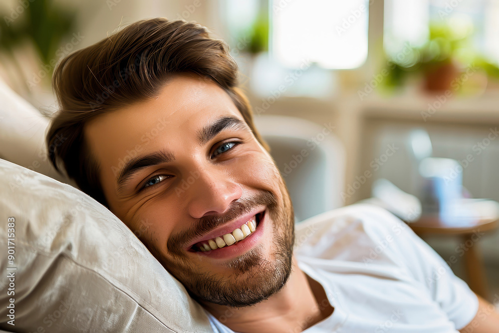 A young man smiling and relaxed while resting on a pillow at home. He is casually dressed and looks cheerful. A young man smiling and relaxed while resting on a pillow at home. He is casually dressed and looks cheerful.