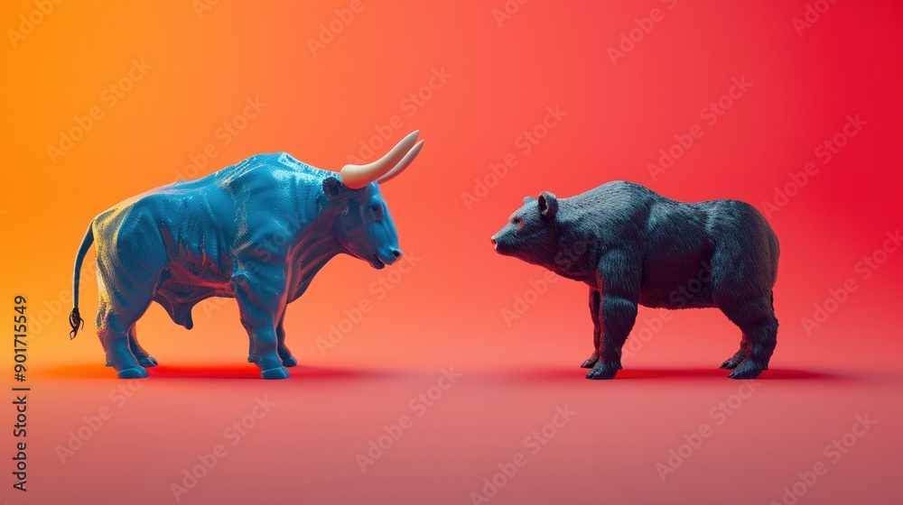 Obraz premium A thoughtprovoking model of a bull and a bear facing off, representing the contrasting forces in the stock market ,
