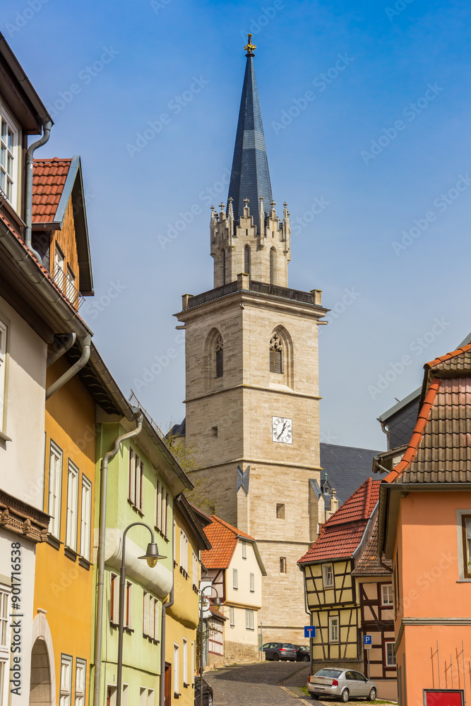 Colorful houses in front of the St. Stephan church in Bad Langensalza, Germany